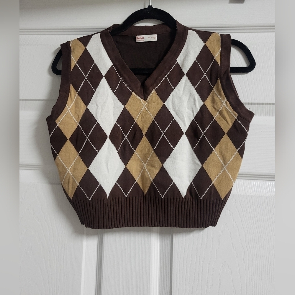 Rumwe Juniors Cropped Brown and Gold Argyle Sweater Vest Size S